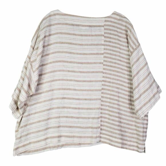 J Jill Shirt Popover Womens Size Medium M Tunic Top Boxy Tan White Striped Linen - Picture 3 of 9